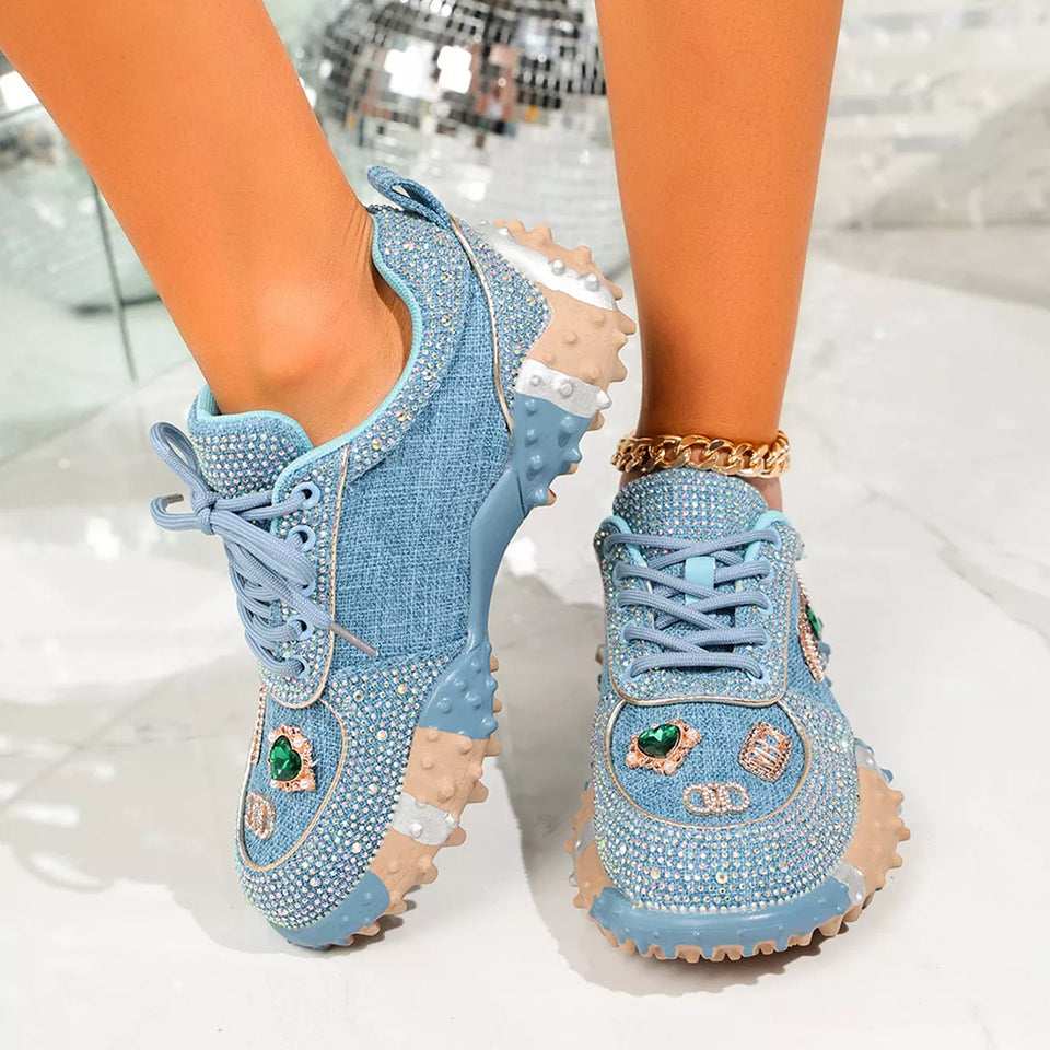 Blue women's fashion sneakers with rhinestone detailing