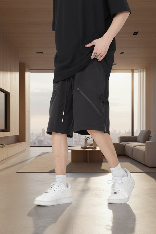 Men's black drawstring cargo shorts with pockets