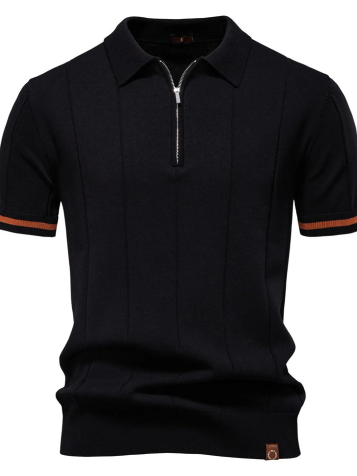 Side view of men's ribbed knit polo