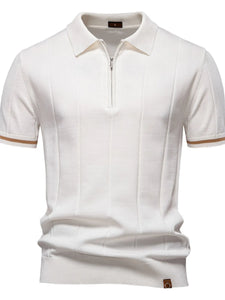 Men's ribbed knit zip-neck polo shirt