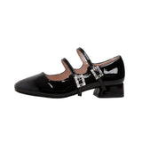 Black low heel Mary Jane shoes for women