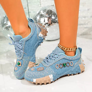 Women's blue rhinestone round toe sneakers