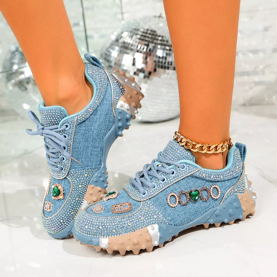 Women's blue rhinestone round toe sneakers