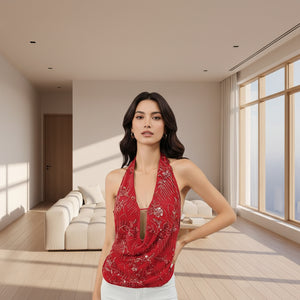 Women's sequin V-neck halter top