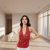 Women's sequin V-neck halter top