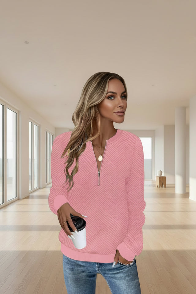 Front view of women's textured quarter-zip sweatshirt