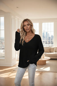 Women's V-neck long sleeve top with lace detail