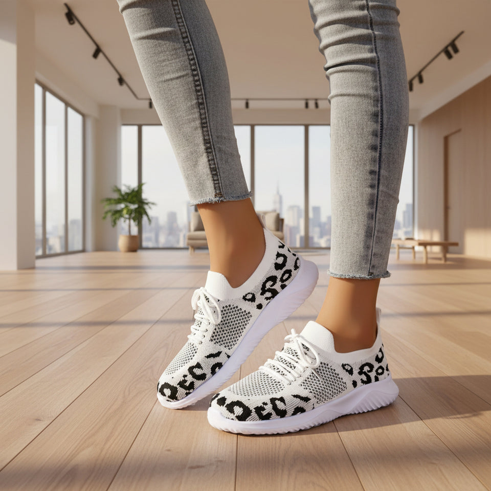 Women's white leopard print lace-up sneakers
